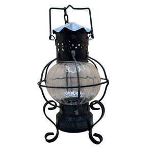 Rare Antique-Style 3 Piece Black Metal & Glass Lantern With Decorative Stand and